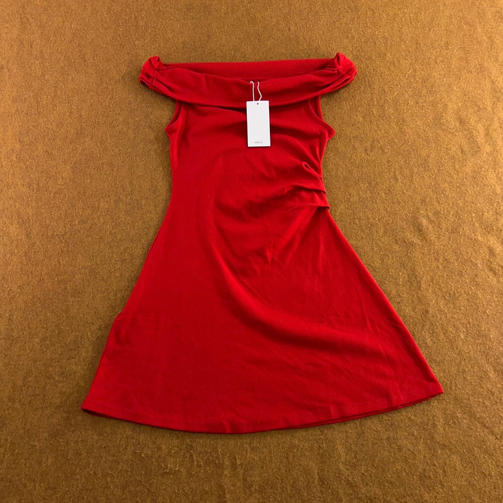 Mango Woman Size 4 Red Ruched Off-the-Shoulder Mini Dress NWT